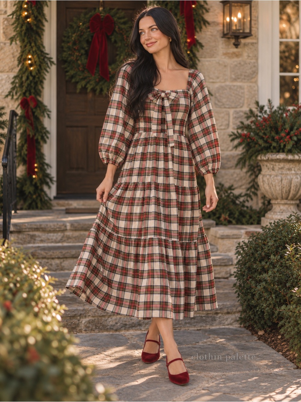 Ivy City Co Merry Dress Holiday Plaid Bow Midi Christmas Size Small